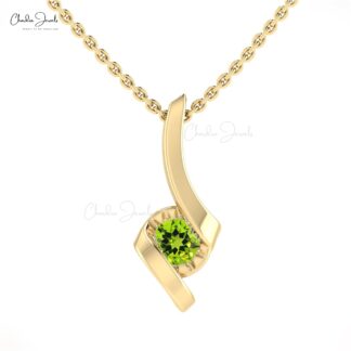 Solitaire Single Stone Charm With 14k Real Gold Peridot 4mm Round Gemstone Pendant For Her