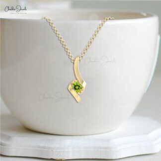Solitaire Single Stone Charm With 14k Real Gold Peridot 4mm Round Gemstone Pendant For Her