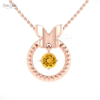 Butterfly Design Migrain Pendant With 0.4 CT Round Citrine 14k Solid Gold Necklace For Her