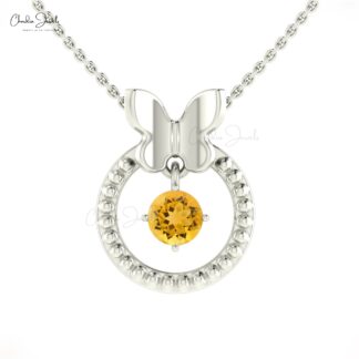 Butterfly Design Migrain Pendant With 0.4 CT Round Citrine 14k Solid Gold Necklace For Her