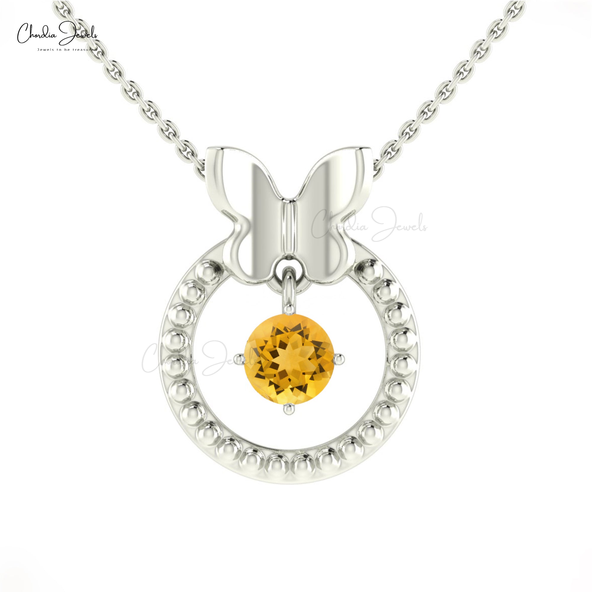 Butterfly Design Migrain Pendant With 0.4 CT Round Citrine 14k Solid Gold Necklace For Her