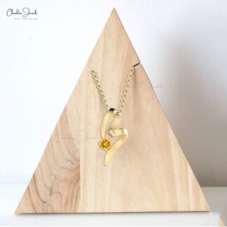 Natural Yellow Citrine Gemstone Twisted Pendant in 14k Real Gold Curved Fine Jewelry