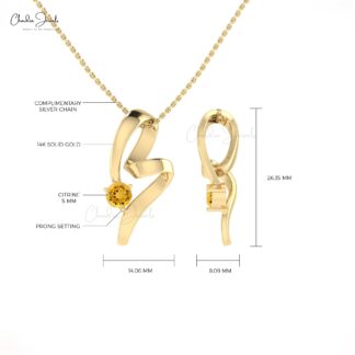 Natural Yellow Citrine Gemstone Twisted Pendant in 14k Real Gold Curved Fine Jewelry