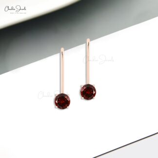 AAA Red Garnet Solitaire Earring With 5mm Round Cut 14k Real Gold Fine Jewelry For Women