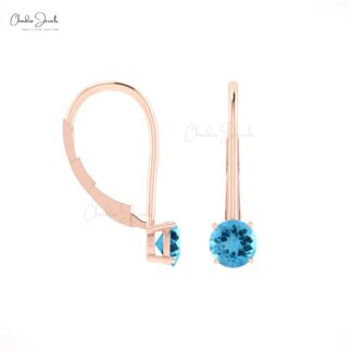 Solid 14k Gold Dangle Earrings With 0.8 CT Swiss Blue Topaz Round Gemstone Earrings For Her