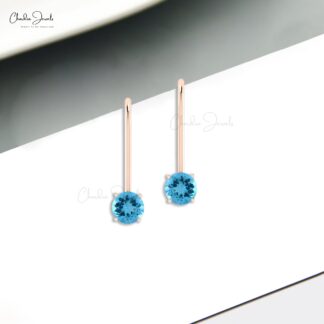 Solid 14k Gold Dangle Earrings With 0.8 CT Swiss Blue Topaz Round Gemstone Earrings For Her