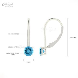 Solid 14k Gold Dangle Earrings With 0.8 CT Swiss Blue Topaz Round Gemstone Earrings For Her