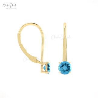 Solid 14k Gold Dangle Earrings With 0.8 CT Swiss Blue Topaz Round Gemstone Earrings For Her