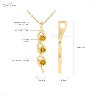 Solid 14k Gold Trilogy Pendant With 4mm Round Citrine Gemstone Women Pendant