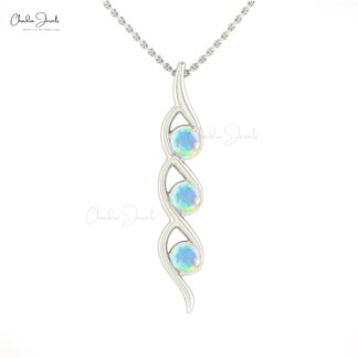 Gemstone Twisted Pendant In 14k Real Gold Fire Opal 4mm Round Cut 3 Stone Women Necklace