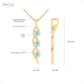 Gemstone Twisted Pendant In 14k Real Gold Fire Opal 4mm Round Cut 3 Stone Women Necklace