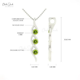 Solid 14k Gold Twisted 3 Stone Pendant With 0.66 Ct Peridot Gemstone Necklace For Mom