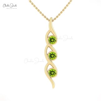 Solid 14k Gold Twisted 3 Stone Pendant With 0.66 Ct Peridot Gemstone Necklace For Mom