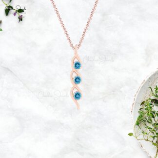 Three Stone Pendant With 0.8 CTW Swiss Blue Topaz 14k Solid Gold Gemstone Necklace For Her
