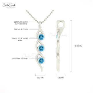 Three Stone Pendant With 0.8 CTW Swiss Blue Topaz 14k Solid Gold Gemstone Necklace For Her