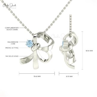 Solid 14k Gold Knot Pendant With 3mm Round Aquamarine Solitaire Gemstone Necklace For Her
