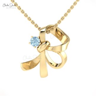 Solid 14k Gold Knot Pendant With 3mm Round Aquamarine Solitaire Gemstone Necklace For Her