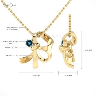 Single Stone Knot Charm In 14k Real Gold With 3mm Round London Blue Topaz Pendant