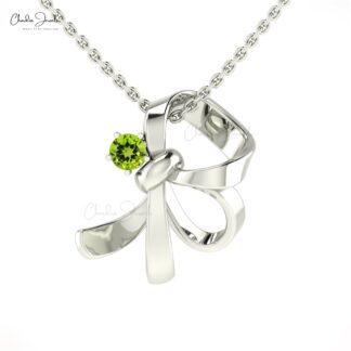 Natural Peridot Knot Pendant in 14k Real Gold Gemstone 3mm Round Cut Curved Fine Jewelry