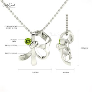 Natural Peridot Knot Pendant in 14k Real Gold Gemstone 3mm Round Cut Curved Fine Jewelry