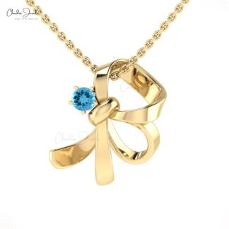 Natural Swiss Blue Topaz Knot Pendant In Real 14k Gold Gemstone 3mm Round Fine Jewelry
