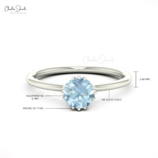 Solid 14k Gold Solitaire Ring With 6mm Aquamarine March Birthstone Anniversary Ring