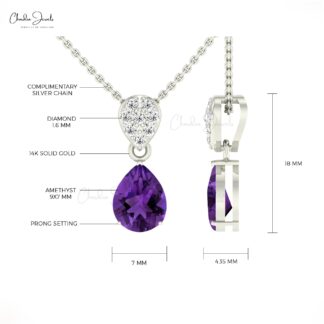 Tear Drop Pendant With 1.5 CT Amethyst And Pave Diamond Women Necklace In 14k Real Gold