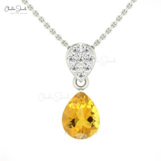 Solid 14k Gold Teardrop Pendant With Cluster Diamond And 9x7mm Citrine Women Necklace