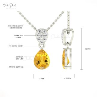Solid 14k Gold Teardrop Pendant With Cluster Diamond And 9x7mm Citrine Women Necklace