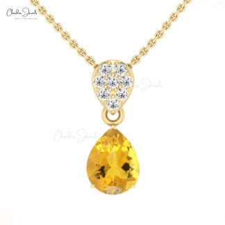 Solid 14k Gold Teardrop Pendant With Cluster Diamond And 9x7mm Citrine Women Necklace