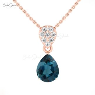 Real 14k Gold Teardrop Pendant With 1.5 CT London Blue Topaz Diamond Necklace
