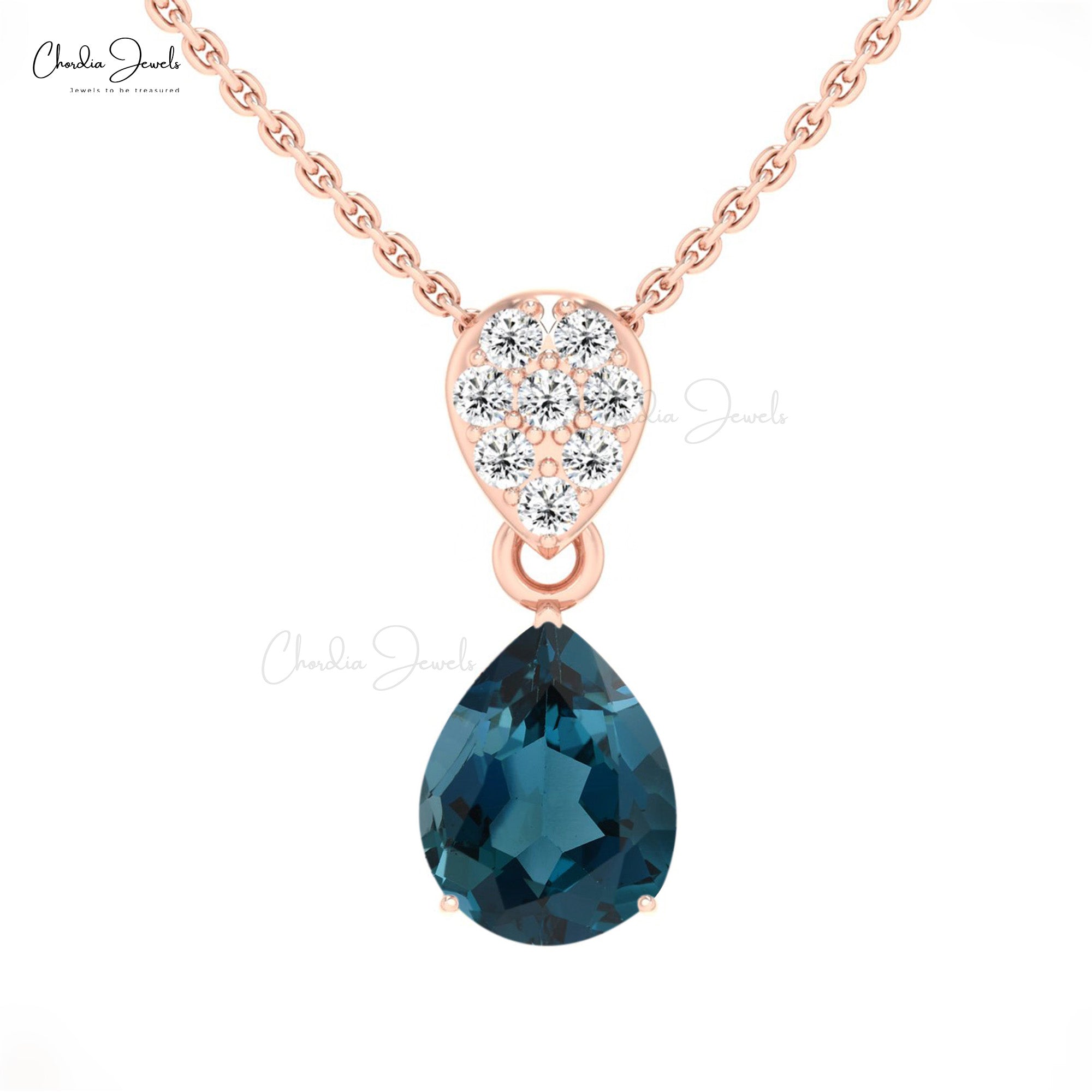 Real 14k Gold Teardrop Pendant With 1.5 CT London Blue Topaz Diamond Necklace