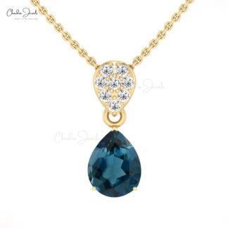 Real 14k Gold Teardrop Pendant With 1.5 CT London Blue Topaz Diamond Necklace