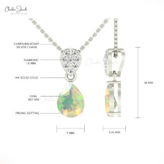 Solid 14k Gold Dangle Pendant With 1.50 Ct Fire Opal And Diamond Minimalist Pendant