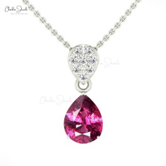 Cluster Diamond Pendant With 9x7mm Rhodolite Garnet 14k Pure Gold Dangle Pendant