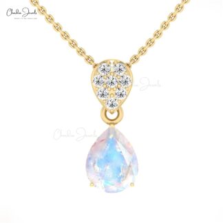 Dangle Teardrop Pendant In 14k Solid Gold Rainbow Moonstone & Cluster Diamond Necklace
