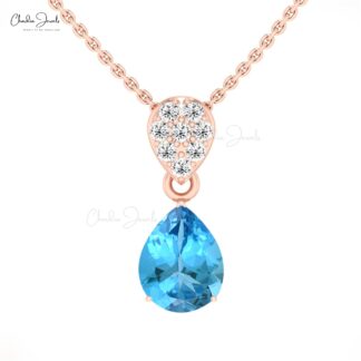 Pear Swiss Blue Topaz Dangle Pendant In 14k Real Gold Diamond Cluster Necklace For Her