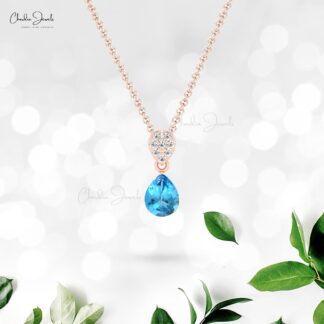 Pear Swiss Blue Topaz Dangle Pendant In 14k Real Gold Diamond Cluster Necklace For Her