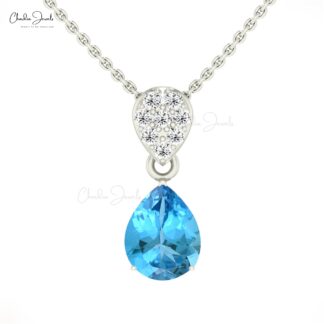 Pear Swiss Blue Topaz Dangle Pendant In 14k Real Gold Diamond Cluster Necklace For Her