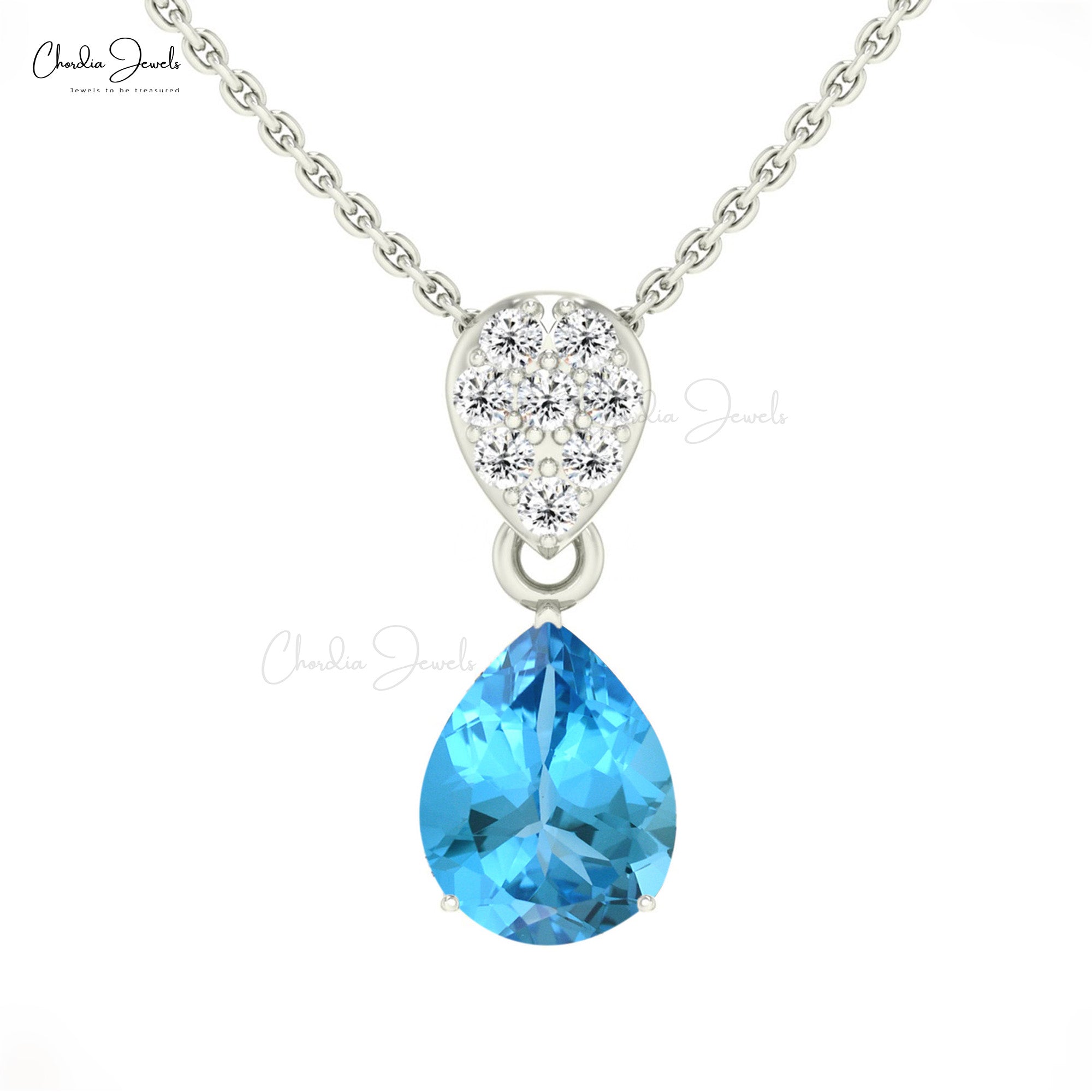 Pear Swiss Blue Topaz Dangle Pendant In 14k Real Gold Diamond Cluster Necklace For Her
