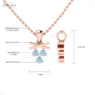 Triple Gemstone Pendant In 14k Solid Gold Aquamarine 2.5mm Round Dangle Women Necklace