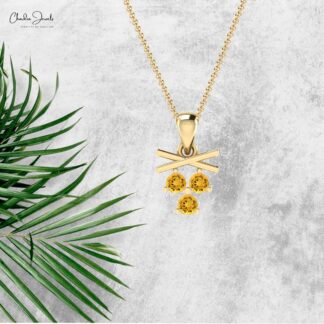 Three Stone Cluster Charm With 0.24 Ct Citrine Handmade Dangle Pendant In 14k Pure Gold