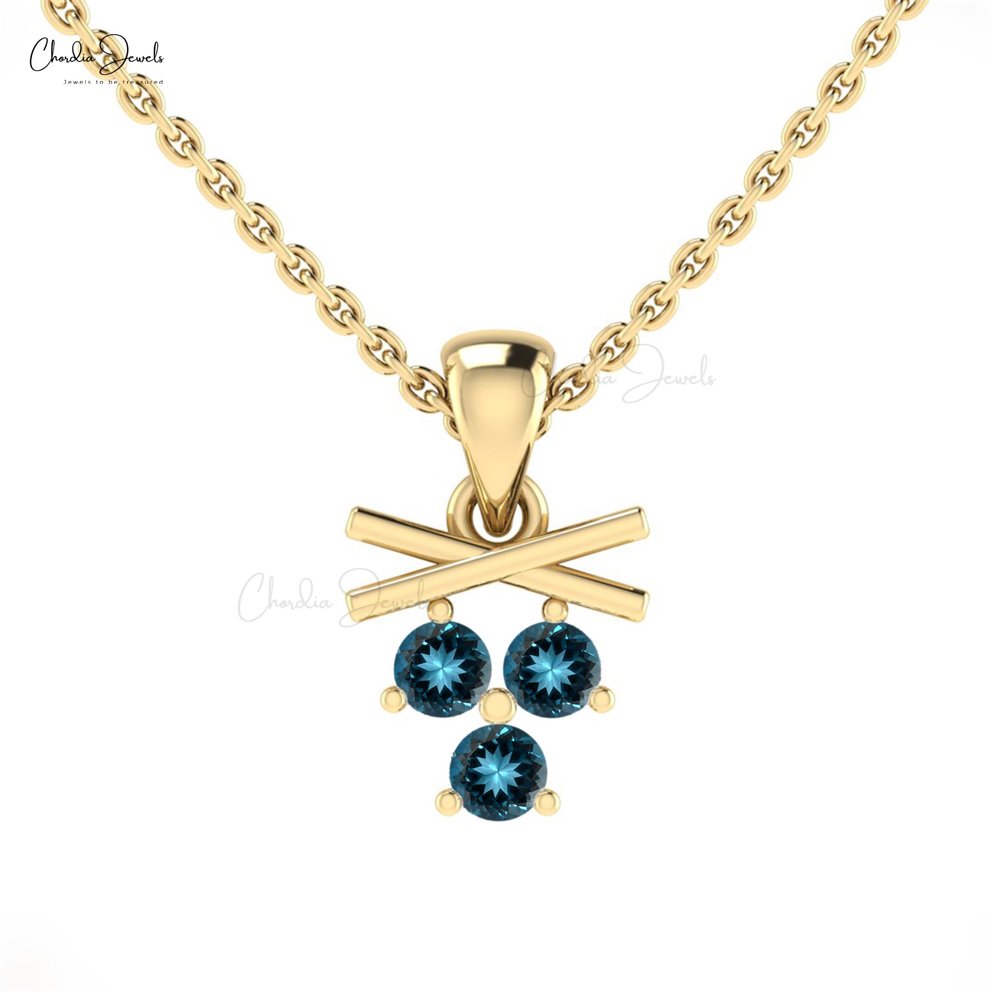 Solid 14k Gold 3 Stone Pendant In 2.5mm London Blue Topaz Cluster Dangle Unique Pendants