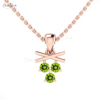 Trio Gemstone Pendant In 14k Solid Gold Peridot 2.5mm Round Cut Dangle Pendant For Mom
