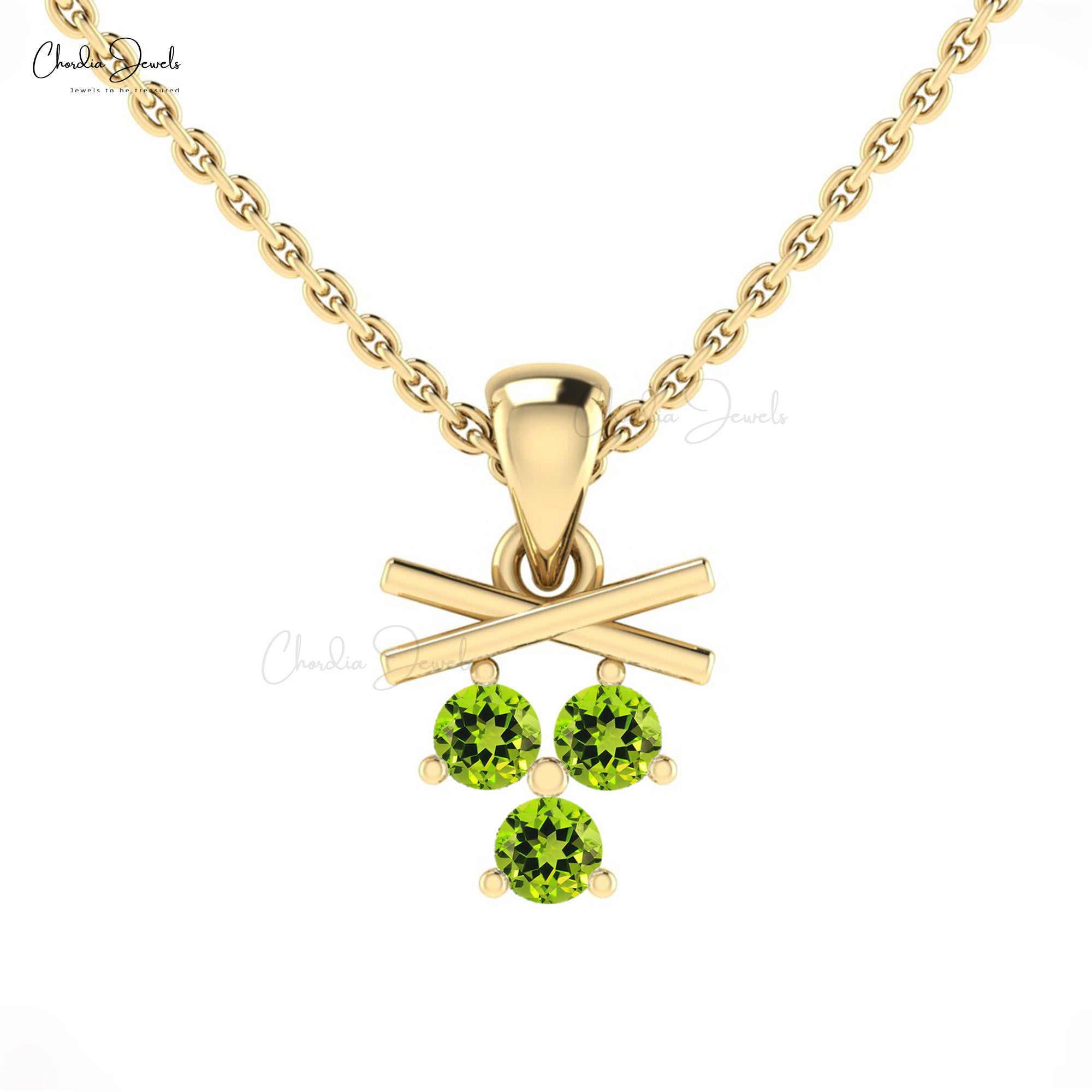 Trio Gemstone Pendant In 14k Solid Gold Peridot 2.5mm Round Cut Dangle Pendant For Mom