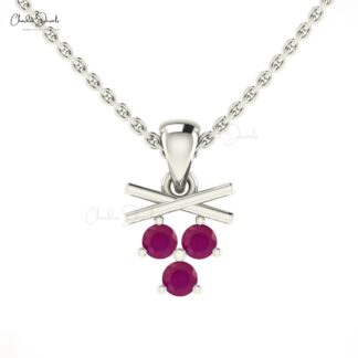 Three Stone Cluster Pendant In 14k Solid Gold With 2.50mm Brilliant Cut Ruby Necklace For Love