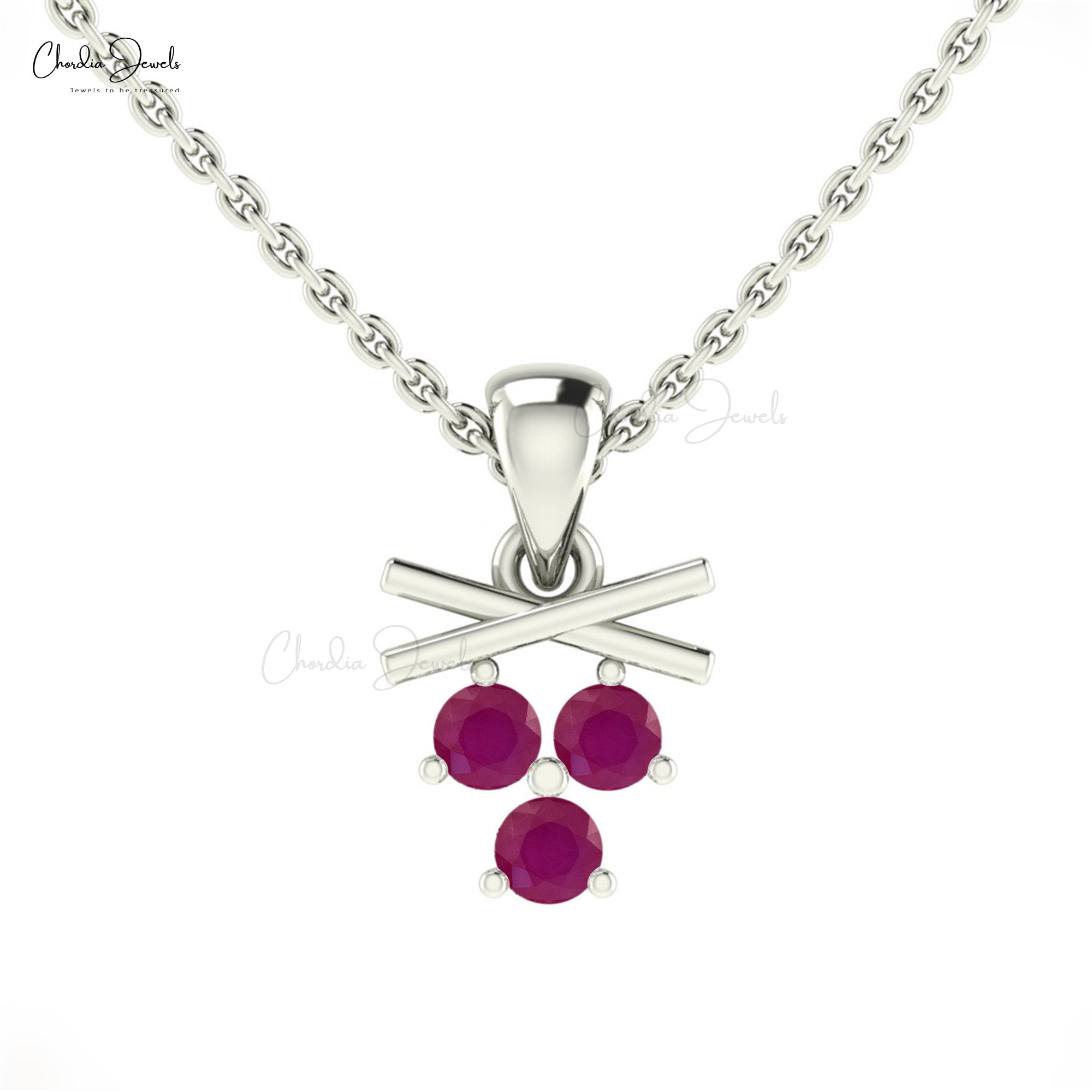 Three Stone Cluster Pendant In 14k Solid Gold With 2.50mm Brilliant Cut Ruby Necklace For Love