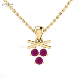 Three Stone Cluster Pendant In 14k Solid Gold With 2.50mm Brilliant Cut Ruby Necklace For Love