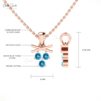 Cluster Round Cut Pendant With 0.24 Ct Swiss Blue Topaz Minimal Necklace In 14k Real Gold