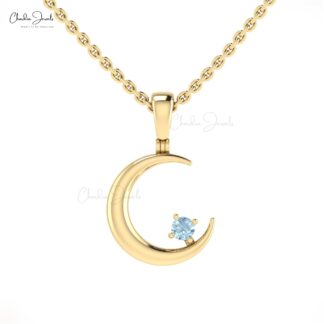 Natural Aquamarine 2mm Round Gemstone Charm With 14k Solid Gold Crescent Pendant